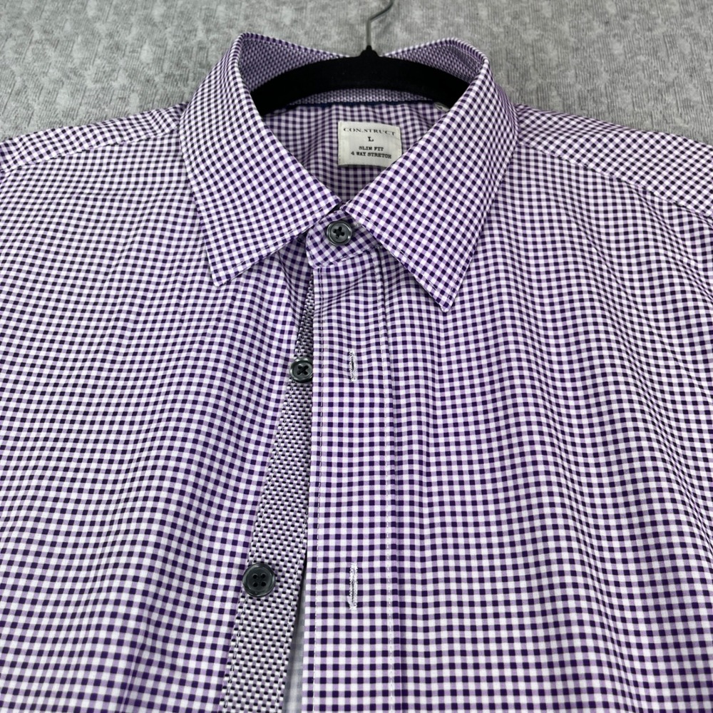 Con.Struct Gingham Check Button Up Shirt Men L Purple Slim Fit 4 Way Stretch